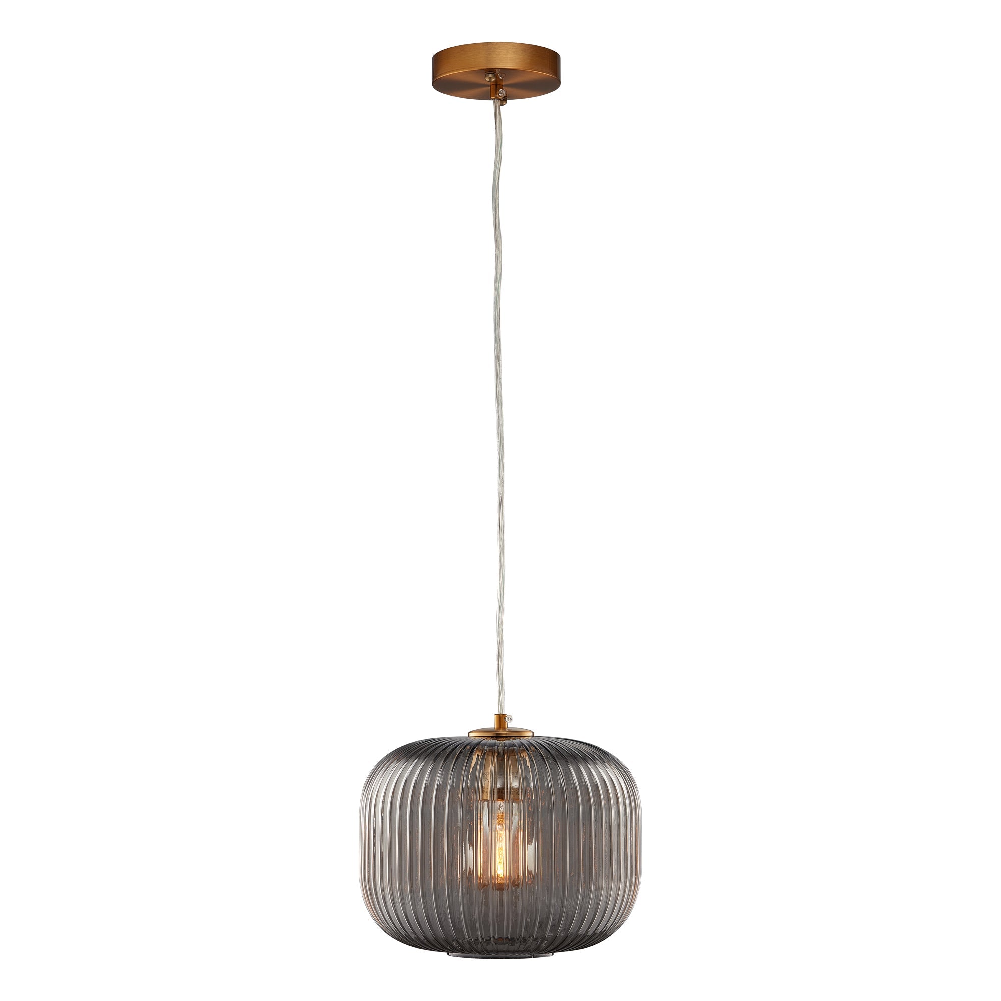 Cygnus Pendant Light Collection features a translucent elongated ribbed glass shade that creates an eye-catching glow. Hanging from a rich gold tone brass finish canopy that enhances its modern sophistication. Place over dining areas, seating areas, and more for a dramatic look. Its versatile look can complement most any room style.