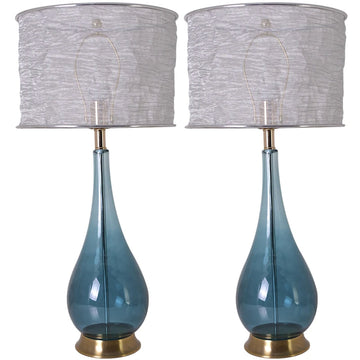 Carro Home Tulip Big Translucent Blue Ombre Glass Table Lamp 28" - Blue Ombre/Silver Yarn Shade (Set of 2)